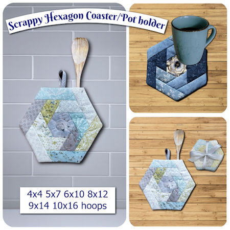In the hoop Scrappy Hexagon Coasters and Potholders